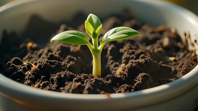 Vibrant green sprout emerges from rich dark soil in a white ceramic pot, symbolizing new beginnings, growth, potential, and the fresh promise of life in nature