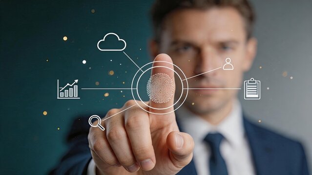 Businessman using biometric fingerprint scanner for secure digital authentication, accessing cloud data and financial analytics on virtual interface, cybersecurity concept.