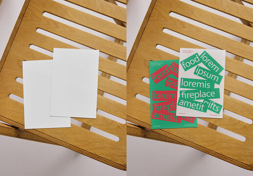 Mockup Of Two Customizable Post Cards On Chair