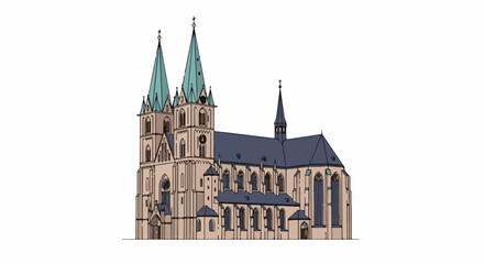 Obraz premium Ornate gothic cathedral with twin spires and a central tower, rendered in pastel tones