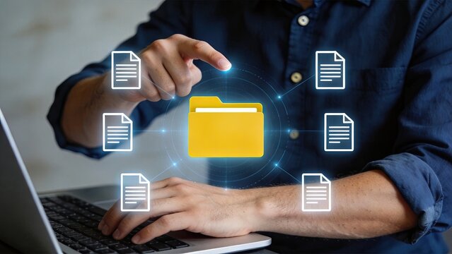 Cloud storage and file management concept, digital folder with connected documents, organizing data and information on modern technology interface