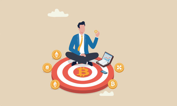 Bitcoin hodl bitcoin red bullseye target for long term investment, crypto investing or believe in Bitcoin independence concept, calm businessman investor relax sitting on Bitcoin