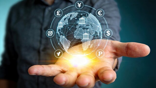 Global finance currency network with earth globe and banking icons, international money transfer, forex exchange rates, worldwide economic connections, digital payment systems,