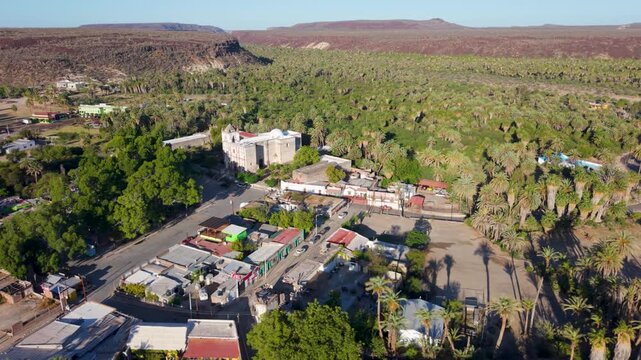 See the Mission Church in San Ignacio, Baja California from the sky showcasing the surrounding oasis and town layout.