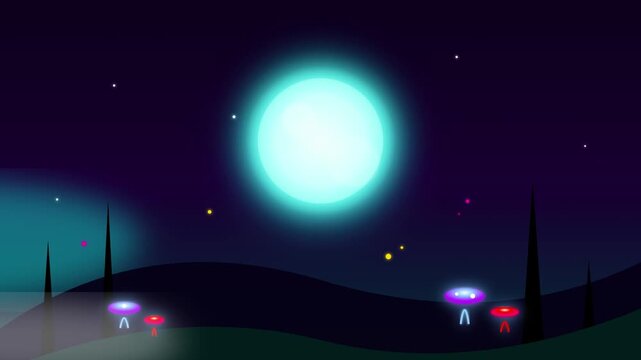 Glowing alien landscape, UFOs flying, night sky, futuristic scenery, sci-fi background