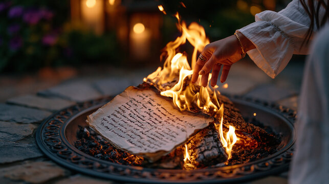 A woman burns a handwritten list of grievances in a backyard firepit at dusk during a warm June evening, symbolizing breakup recovery and emotional release, ideal for healing rituals, self-renewal, 