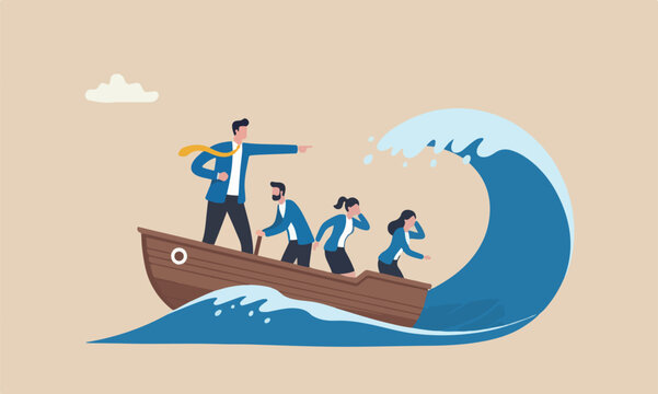 Courage, challenge or risk taker concept, businessman captain point finger to lead team sailing boat to survive wave storm