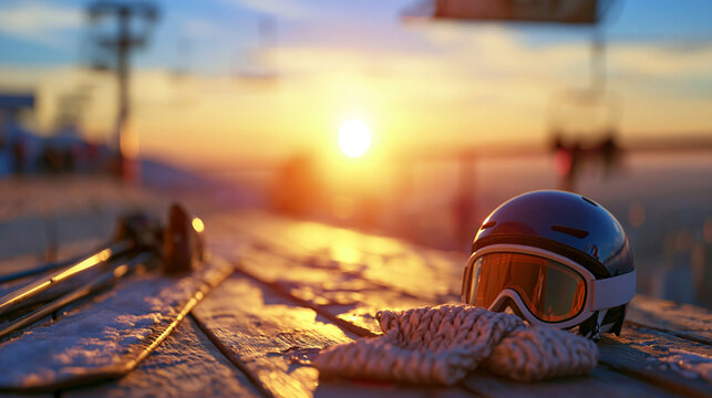 Ski gear and goggles on a wooden surface with a ski lift and sunset in background