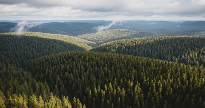 Aerial view lush forest landscape rolling hills sunlight nature background