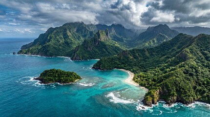 Obraz premium An ultra-realistic aerial drone view of a steep winding road with sharp hairpin turns carved into a rugged mountain landscape. The road curves dramatically along green hills and rocky cliffs, creating