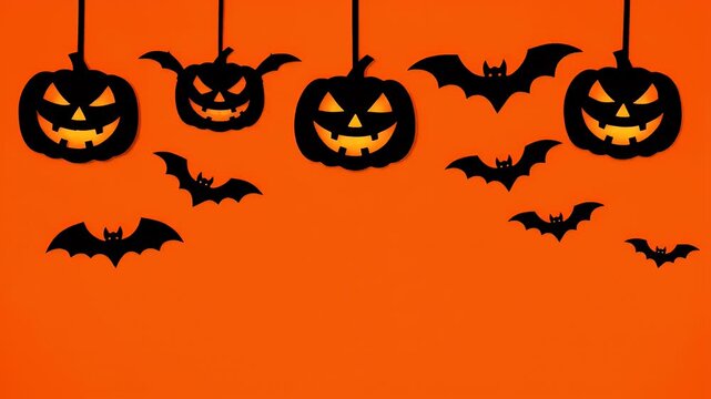 halloween pumpkin bat silhouettes hanging over a vibrant orange background flat lays