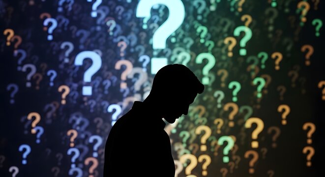 A person in silhouette with question marks to represent the concept of confusion and doubt.