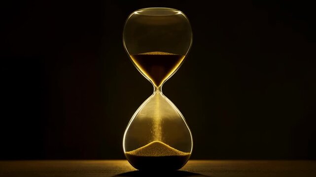 Slow motion still shot of hourglass with sand flowing and accumulating on wooden tabletop in dark studio interior