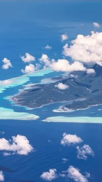 Bora Bora Island, French Polynesia. Aerial view of the island. Vertical video