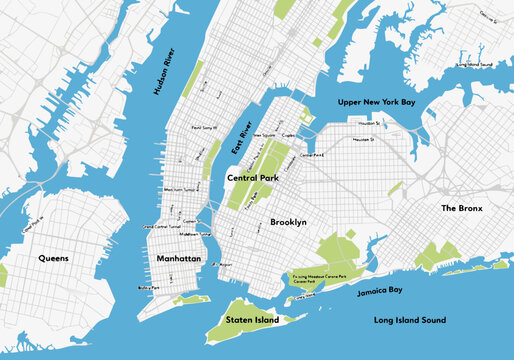 A detailed map of New York City showing the five boroughs &mdash; Manhattan, Brooklyn, Queens, The Bronx, and Staten Island &mdash; with major waterways (Hudson River; East River; Upper New York Bay; Jamaica Bay.