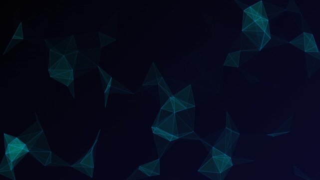 Blue plexus network of interconnected nodes and lines moving on dark background representing digital technology and data connectivity.