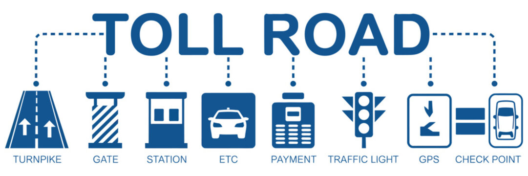 Toll road banner web icon vector illustration concept, featuring turnpike, toll gate, payment station, and traffic checkpoint symbols, highway transportation and road fee system concept, modern flat d