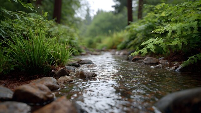 A lush verdant stream flowing over scattered rocks through a dense temperate forest environment