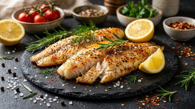 Gourmet lemony baked Pangasius fish fillets with spices and herbs on a slate background.
