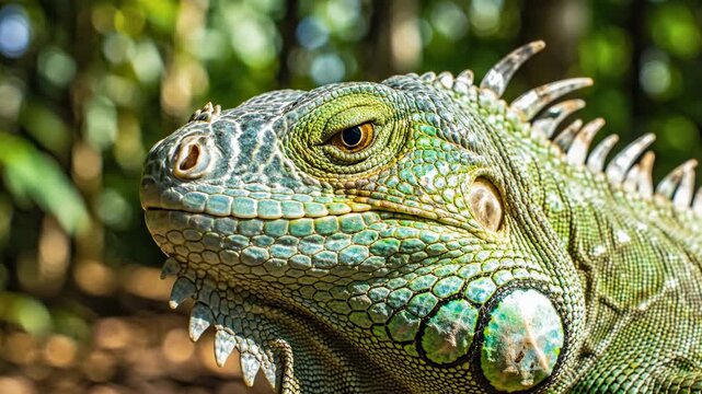 A striking portrait showcases the intricate scales and vibrant green coloring of a magnificent tropical iguana lizard with a sharp gaze in its natural lush foliage habitat, evoking a sense