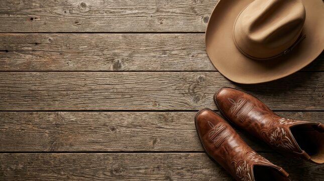 Rustic cowboy boots and hat on a textured wooden background, perfect for western themed designs.