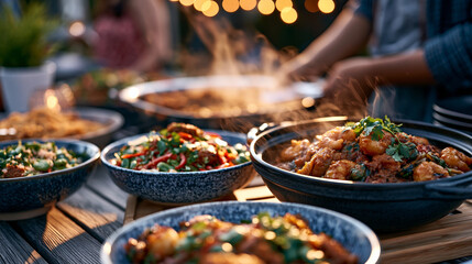 Fototapeta premium A biracial family sets a dining table with dishes from two distinct culinary traditions during a summer gathering, steam rising from colorful bowls, perfect for cultural mixed marriages, family heri