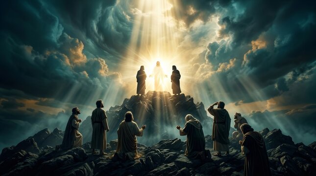 Disciples witnessing the transfiguration of Jesus on a mountain amidst divine light.