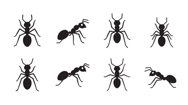 Ant silhouettes in various poses against a white background showcasing teamwork and industry concepts