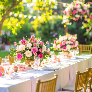 festive wedding table setting,flowers at small reception in backyard in summer-standard-scal