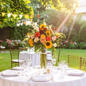 festive wedding table setting,flowers at small reception in backyard in summer-standard-scale