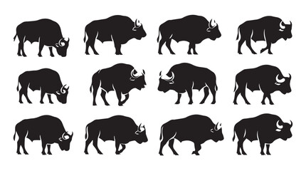 Fototapeta premium Bison silhouettes in various poses against a white background for graphic design