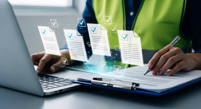 Person in safety vest uses laptop and signs document with digital checkmarks signing