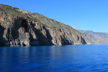 Fototapeta premium May coast landscape of Crete island in Greece. Beautiful Mediterranean Sea cliffs near Sougia.