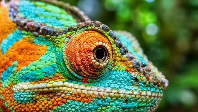 Panther Chameleon Eye Macro With Vibrant Adaptive Scales in Jungle Bokeh for Dynamic Branding, Creative Software, OLED Display and Business Adaptability Imagery