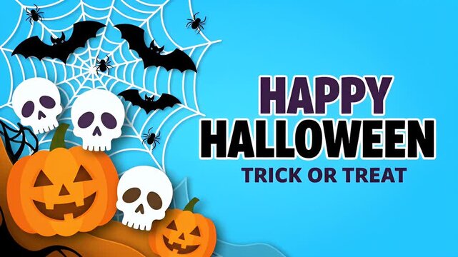 Happy halloween trick or treat banner with pumpkins skulls bats and spider web icon.