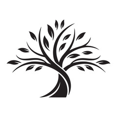 Black stylized tree vector silhouette with curved branches and leaves. Ideal for environmental logos, nature branding, and representing organic growth © Zulfa