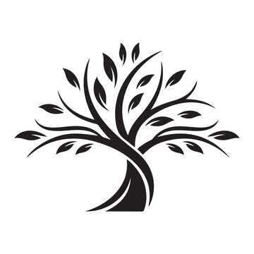Black stylized tree vector silhouette with curved branches and leaves. Ideal for environmental logos, nature branding, and representing organic growth