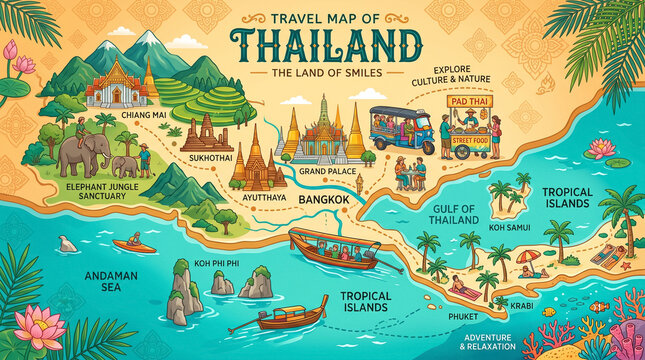 Illustrated travel map of Thailand showcasing popular destinations and activities