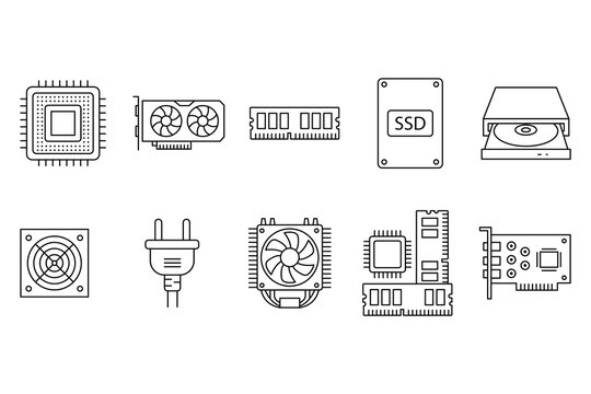 Computer parts and hardware components thin line icon set illustration.