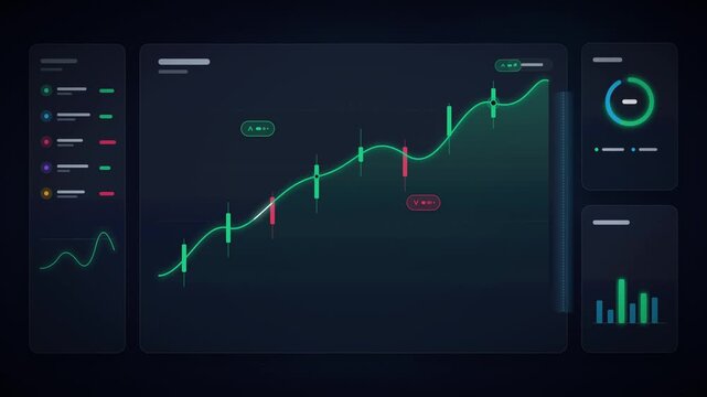 Futuristic stock market dashboard with rising green line graph, digital financial data interface, dark blue trading analytics screen for business growth