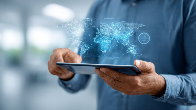 Businessman using digital tablet with futuristic holographic world map interface, representing global connectivity, technology innovation. Modern business solutions, digital transformation concepts