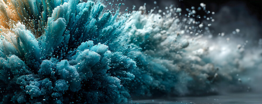 dynamic illustration with abstract frozen turquoise paint splash and geometric particles background