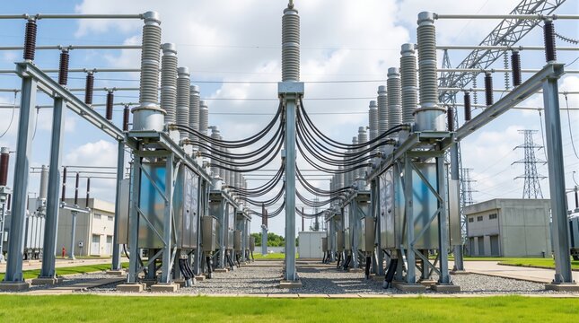 A row of high voltage substations in a grassy field