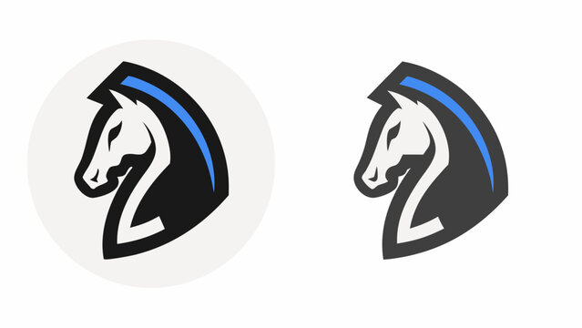 Two stylized horse head logos with a blue curved element