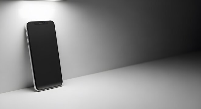 A black smartphone with a blank screen leans against a wall under a spotlight