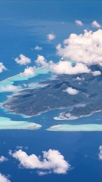 Bora Bora Island, French Polynesia. Aerial view of the island. Vertical video