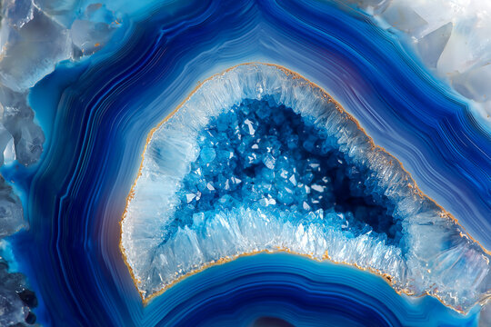 polished blue agate slice with translucent concentric rings and sparkling quartz crystal center