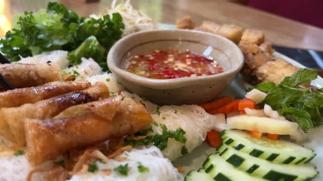 Colorful spring rolls filled with vegetables and shrimp are arranged on a dark, round tray. Lush green plants and delicate flowers surround the dish, creating a lively atmosphere.