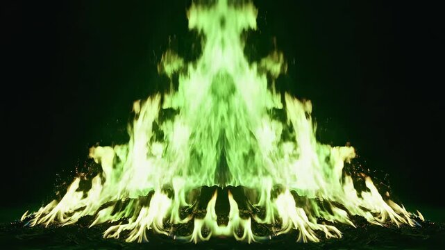 Green and yellow flames on black background representing futuristic concepts and abstract thought