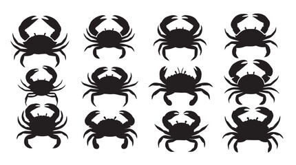 Fototapeta premium Crab silhouettes arranged in rows against a white background symbolizing ocean life and seafood industry